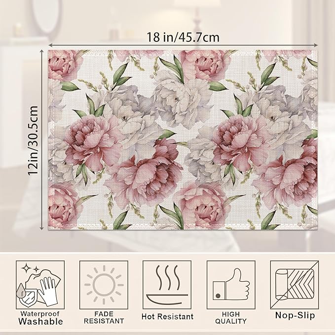 Placemats,Pink White Peony Flower Placemats 12x18 Inch Waterproof Non-Slip Washable Table Mats for Kitchen Dining Party Table Decor,Set of 6