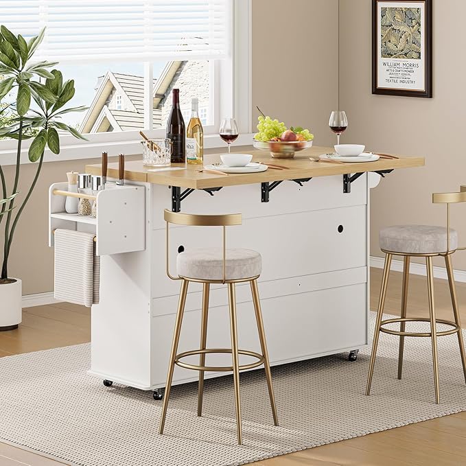60" Kitchen Island with Power Outlet & Drop Leaf, Kitchen Rolling Island with Spice Rack & Towel Rack, Knife Holder, Kitchen Island Cart with Trash Storage Cabinet, Mobile Island Table for Kitchen