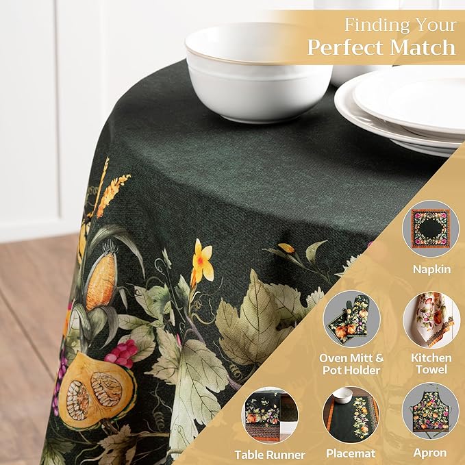 Maison d' Hermine Table Cloth Round Table 100% Cotton 63 Inches Fall Tablecloth Reusable Everyday Use for Thanksgiving Christmas Decorations Dining Farmhouse Party (Pumpkin Garden - Dark Green)