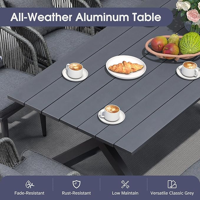PURPLE LEAF 9 Pieces Patio Dining Set Wicker Outdoor Furniture Rectangular Table and Chairs Set for Garden Deck Aluminum Frame Backyard Kitchen Set, Cushions and Pillows Included Grey