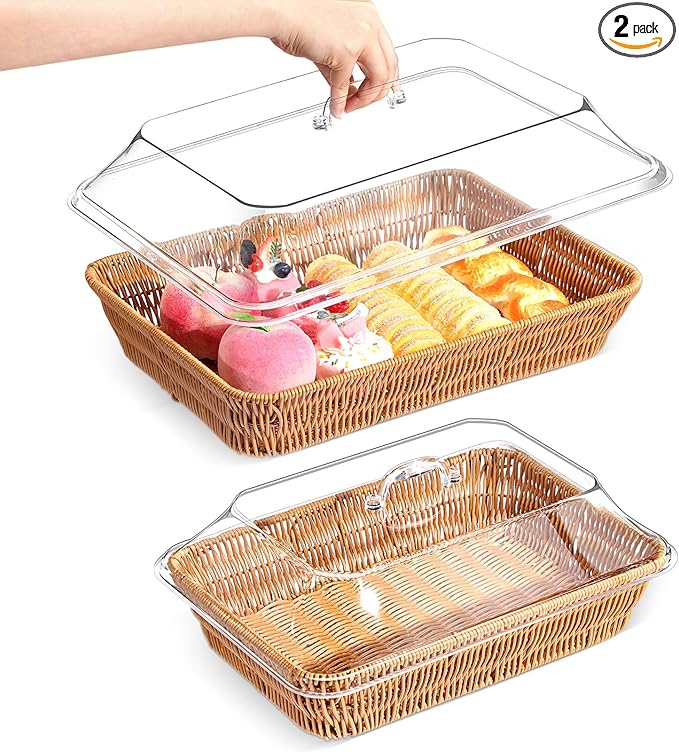 2 Set Wicker Bread Basket for Serving with Acrylic Lid Imitation Rattan Bread Basket Woven Rectangular with Cover for Fruit Food Display Party Easter Picnic(15.75" X 11.81", 13.78" X 9.84")