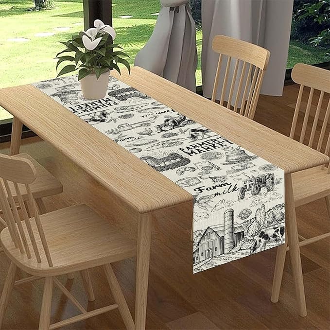 Farm Animals Table Runner, Rustic Farmhouse Cow Pig Rooster Watercolor Coffee Table Center Decor for Home Kitchen Dining Patio Holiday Party Indoor Outdoor Table Decorations, 13"x72" Inch