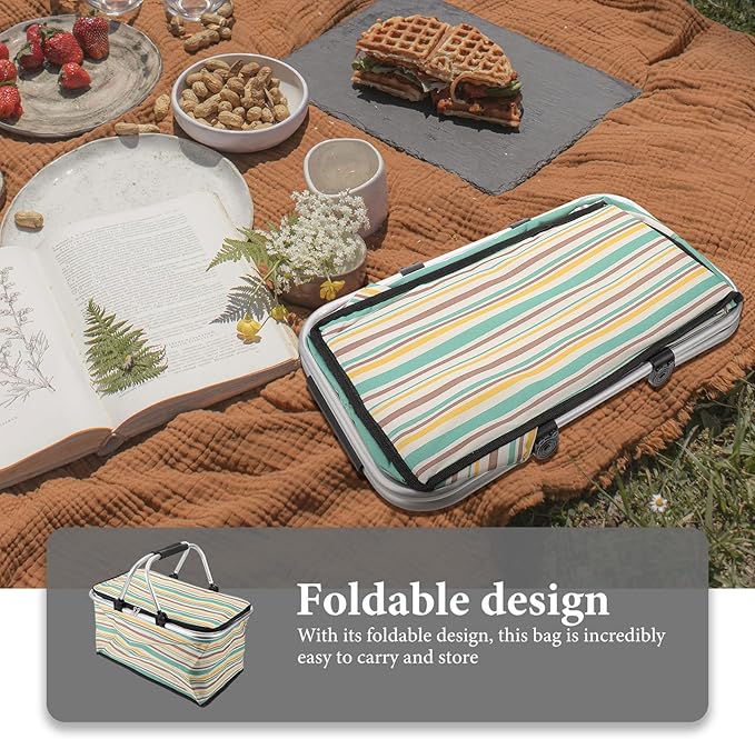 GALPADA Insulated Picnic Basket Multi-Function Cooler Bag for Outdoor Dining Foldable Thermal Tote Thick Aluminum Film Yellow-Green Pattern Without Ice Pack