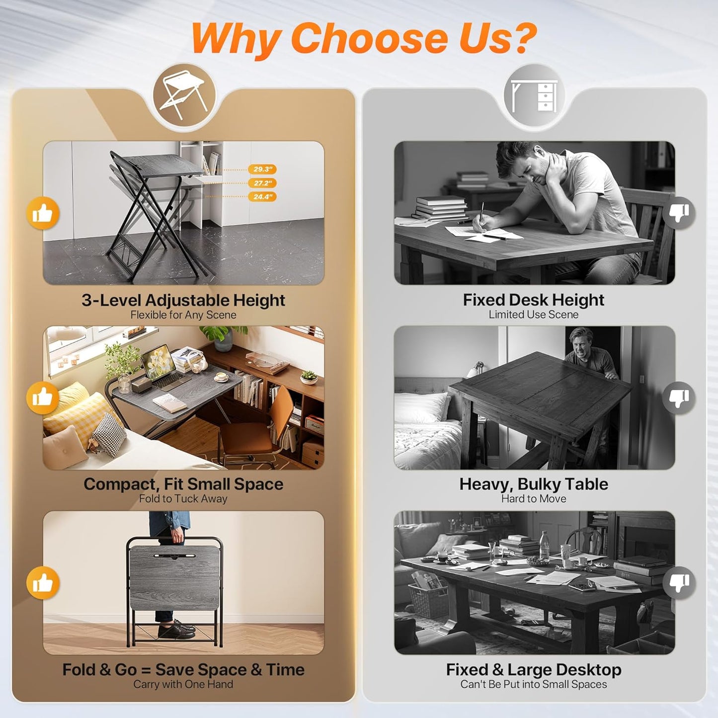 Huuger Folding Desk with 3-Level Adjustable Height and Tablet Slot, 24 Inch Foldable Computer Desk for Small Spaces, Space Saving, Writing Work Table for Home Office, Bedroom, Study, Grey