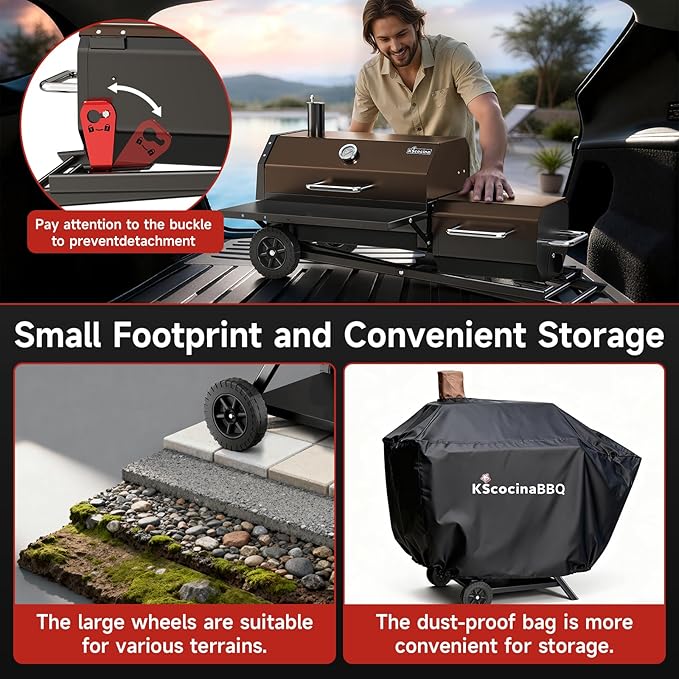 Portable Charcoal Grill with Smoking Function, Foldable Suitcase Design with Wheels, Multi-Tier Storage Rack & Waterproof Cover for Outdoor BBQ Parties (Khaki)