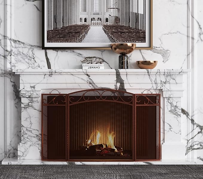 Fire Beauty Fireplace Screen 3 Panel with Handles Wrought Iron 51"(L) x31(H) Spark Guard Cover(Antique Bronze)
