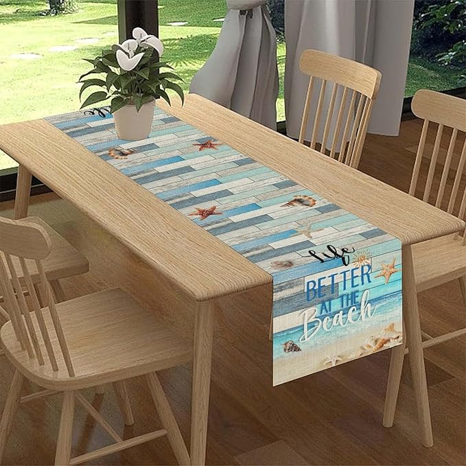 Summer Beach Table Runner, Nautical Starfish Seashell Ocean Retro Wooden Plank Coffee Table Center Decor for Home Kitchen Dining Patio Holiday Party Table Decorations 13"x108"