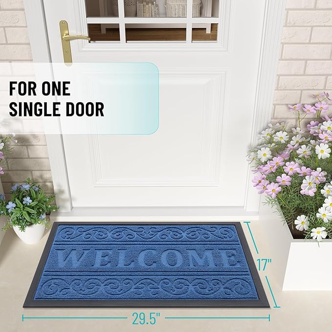 OLANLY Welcome Door Mat Indoor Outdoor Entrance, Heavy Duty Sturdy Front Door Mat, Waterproof All-Weather Doormat, Stain Resistant, Low Profile, Easy Clean Patio Entryway Mat, 29.5 x 17, Blue
