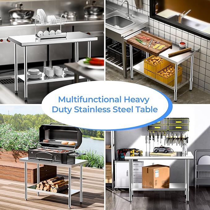 NUUK Stainless Steel Worktable 24" x 48" Kitchen Food Prep Grill Work Table Heavy Duty Commercial Workstation Adjustable Height for Restaurant, Home and Hotel