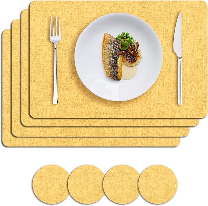 MOSAYT Placemats Set of 4, Heat Resistant Vinyl Place Mats with Coasters, 100% Waterproof Wipeable Washable Faux Leather Table Mats for Kitchen Dining Party Indoor Outdoor, 12" x 17", Yellow