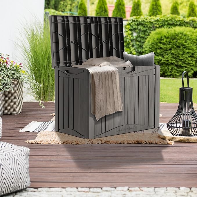 45 Gallon Deck Box, Resin Outdoor Indoor Waterproof Storage Box, Lockable Storage Box With Handle for Patio Furniture - Garden Tools - Swimming Pool Tools UV-Resistant, Grey