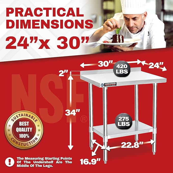 DuraSteel NSF Commercial Kitchen Table - 24 x 30 Inch Cooking Prep Stainless Steel Kitchen Island Workstation w/ Adjustable Under Shelf - Heavy Metal Backsplash Workbench For Restaurant, Home, Garage