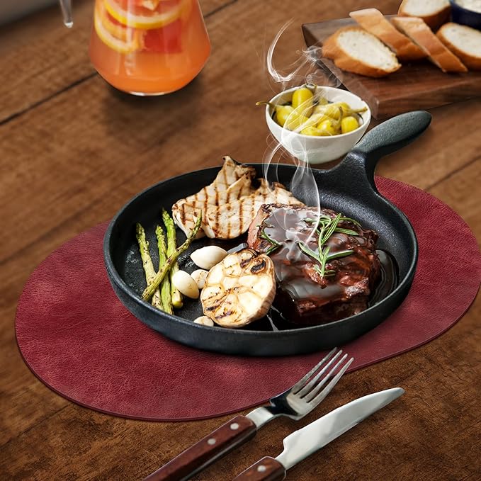 ADRIMER Placemats, Heat Resistant Oval Placemats Set of 12 Washable 12 x 17 Inch, Waterproof Table Mats, Wipeable Pu Place Mats for Kitchen, Dining Room, Wine Red