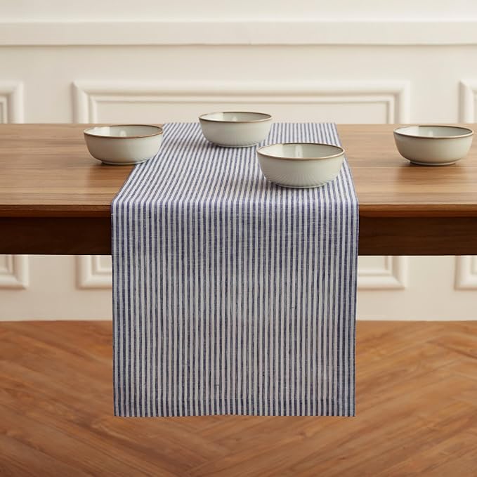Solino Home Linen Striped Table Runner 60 Inches - Narrow Stripe, 100% Pure Linen Navy and White Small Table Runner 14 x 60 Inch Ideal for Dresser and Coffee Tables - Spring, Easter