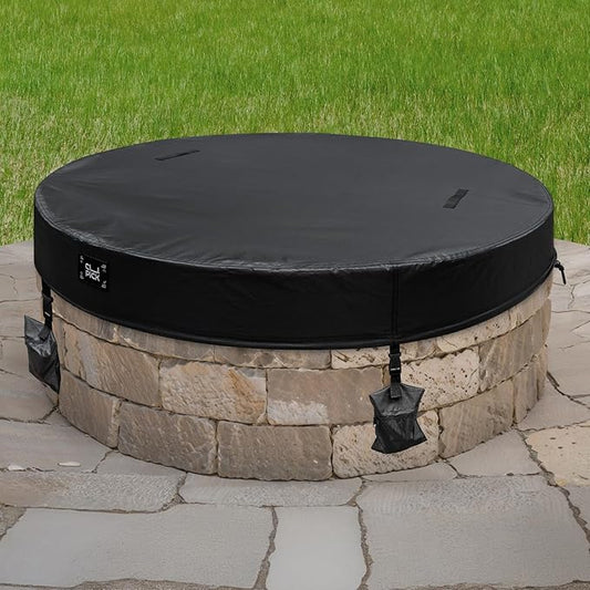 Outdoor Fire Pit Cover,In Ground Firepit Covers Round with Sandbag,600D Heavy Duty Waterproof and Tear-Resistant,Windproof,Suitable for 52-57 Inch Round Built in Stone Firepits,Black