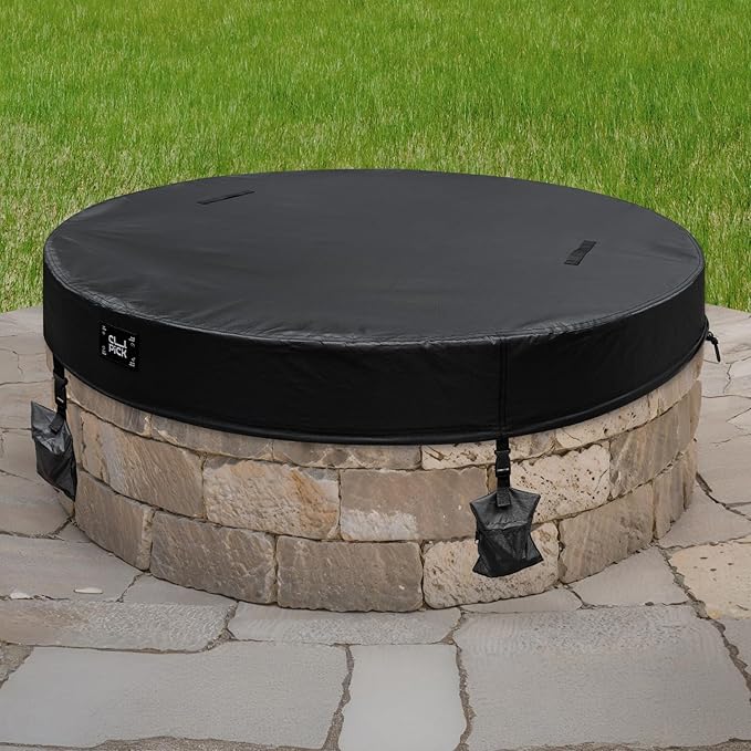 Outdoor Fire Pit Cover,In Ground Firepit Covers Round with Sandbag,600D Heavy Duty Waterproof and Tear-Resistant,Windproof,Suitable for 61-66 Inch Round Built in Stone Firepits,Black