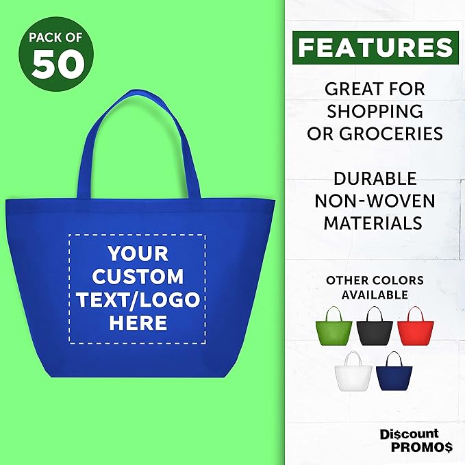 DISCOUNT PROMOS Custom Southern Style Grocery Tote Bags Set of 50 - Personalized Bulk Pack, Reusable Grocery & Shopping Bags - Great for Travel, Carry on Bag, Business Promotions - Blue - 20"X13"X8"