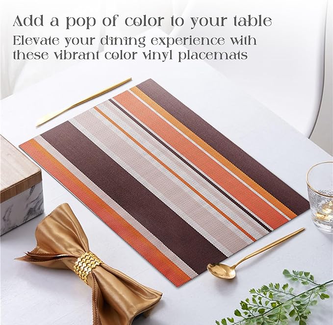 Set of 6 Colorful Striped Vinyl Placemats Heat-Resistant Washable Placemats Non-Slip Woven Table Mats Wipeable Placemat for Kitchen Dining Table Decoration Indoor Outdoor (Autumn Red)