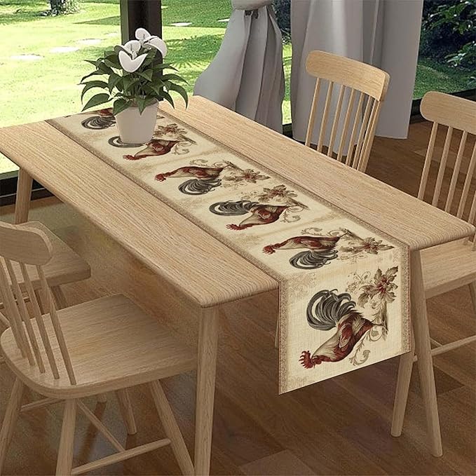Farmhouse Rooster Table Runner, Vintage Rooster Retro Farmhouse Country Chicken Coffee Table Center Decor for Home Kitchen Dining Patio Holiday Party Indoor Outdoor Table Decorations 13"x36"