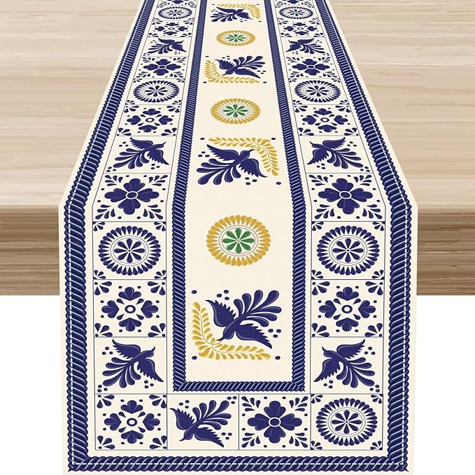 Mexican Table Runner, Blue Floral Birds Mexico Talavera Ceramic Dia De Los Muertos Coffee Table Center Decor for Family Home Kitchen and Dining Farmhouse Indoor Outdoor Table Decorations, 13" X 72"