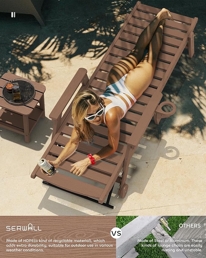 SERWALL Patio Chaise Lounge Chair Set of 2, 78'' Long HDPE Outdoor Lounger, 5 Positions Adjustable Poly Lounge Chair with Rolling Wheels & Cup Holder for Pool, Brown