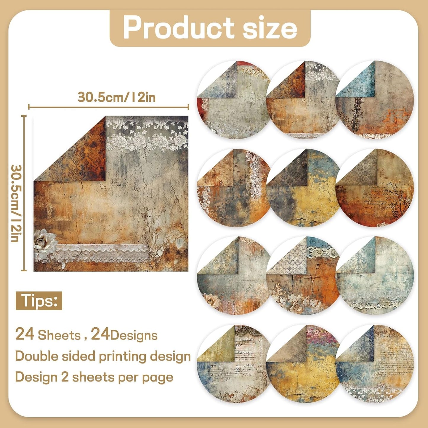 Scrapbook Paper 12x12 inch, 24 Sheets DIY Origami Decorative Craft, Double sided printing, Photo Album Decor Wooden-free Paper for Gift Wrapping Card Making Collage Album Decorative (Brown)