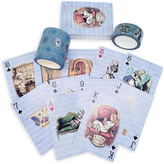 Blue Alice Adventures in Wonderland Playing Cards & Washi Tape Set - Stickers, Scrapbook Supplies, Crafts, Planner Accessories, Party Decor, Waterproof Card Games for Adults, Kids, Family & Travel