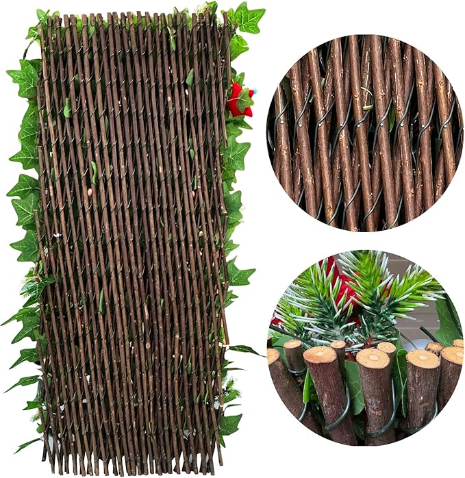 Expandable Fence Privacy Screen for Balcony Patio Outdoor,Decorative Faux Ivy Fencing Panel,Artificial Hedges (Single Sided Leaves) (4, Christmas-Ivy)