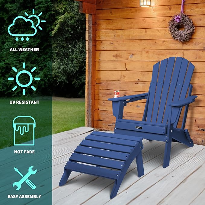 FUNBERRY Folding Adirondack Ottoman Set of 2, HDPE All Weather Outdoor Foot Rest, Easy Storage Patio Footstool, Ottomans and Footstools for Outside
