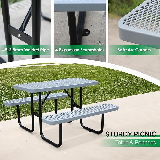 6FT Rectangular Metal Picnic Table for Outdoors, Commercial Steel Metal Picnic Tables, Heavy Duty Sturdy Picnic Tables Furniture Set for Patio Garden Courtyard BBQ, with Umbrella Hole, Grey