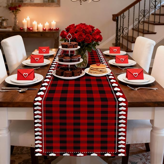 Valentine’s Day Love Heart Red Black Buffalo Plaid Table Runner 13x48 Inch Seasonal Holiday Kitchen Dining Tabletop Runners for Anniversary Mantel Party Indoor Outdoor Decoration