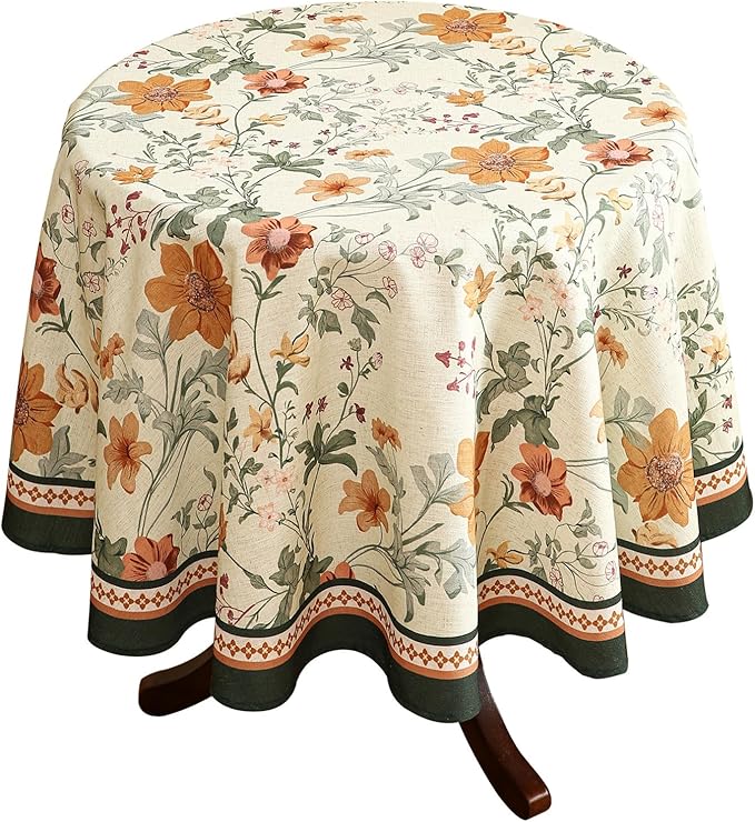 French Linen Small Tablecloth for Round Table,Orange Floral Pattern Wrinkle Resistant Tablecloths,Decor Table Cover for Kitchen,Dining,Party,Thanksgiving,Christmas,Diameter 55"-Milch
