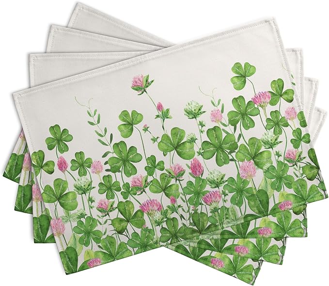 Shamrocks St. Patrick's Day Placemats Set of 4 Watercolor Lucky Clovers St Patrick's Day Table Mats Seasonal Spring Green Leaves Linen Place Mats for Party Kitchen Dining Outdoor Indoor Decor