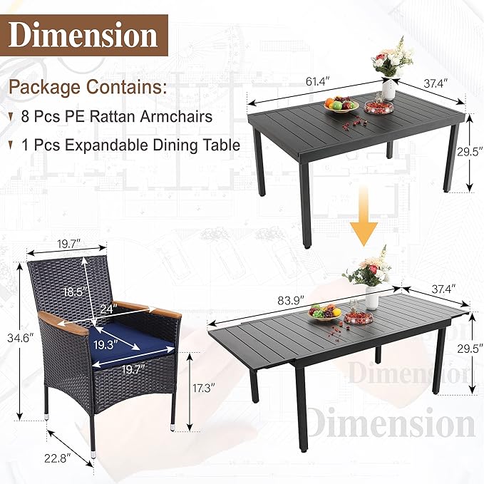 Sophia & William 9 Pieces Patio Dining Set for 8 People, Expandable Rectangular Outdoor Table and 8 Pcs Rattan Chairs, All Weather Metal Patio Table and Chairs Set