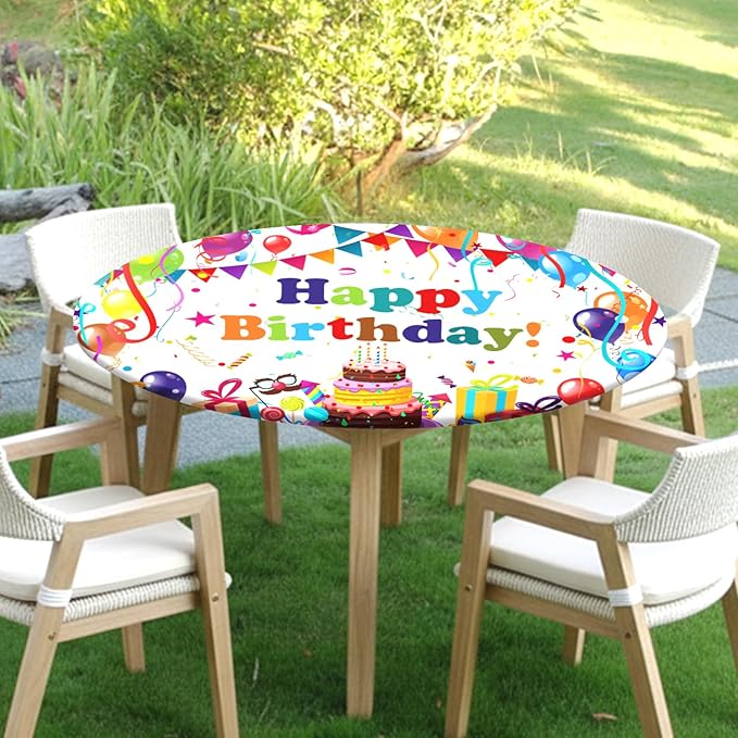Birthday Round Fitted Tablecloth with Elastic Colorful Happy Birthday Party Circle Table Cover for 40-44" Round Tables Wipeable Waterproof Cake Balloons Gifts Table Cloth for Picnic Dining Patio Decor