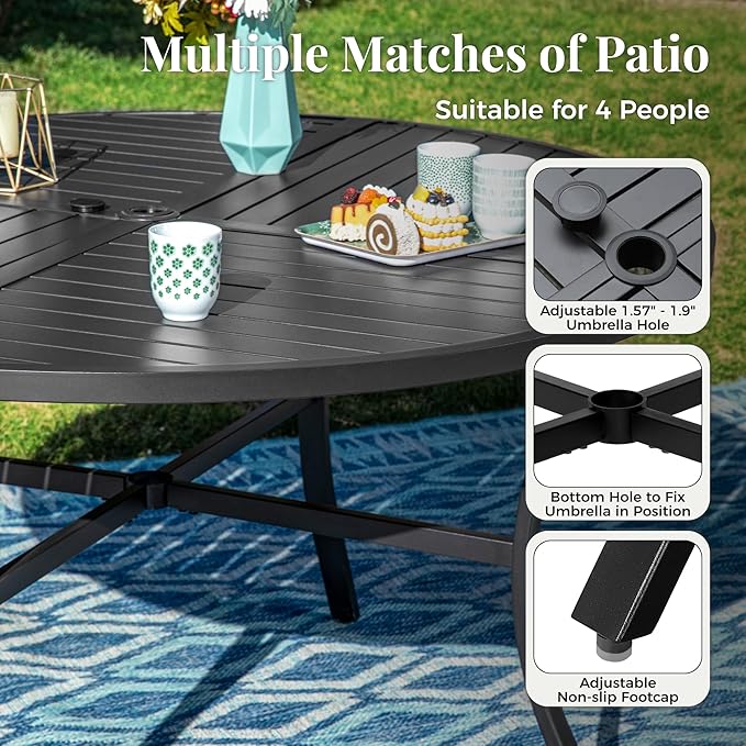 Outdoor Patio Round Dining Table, 42"x 42" Metal Small Round Table with Adjustable Umbrella Hole, All Weather Wrought Iron Black Outdoor Table for Deck Lawn Garden Backyard, Black