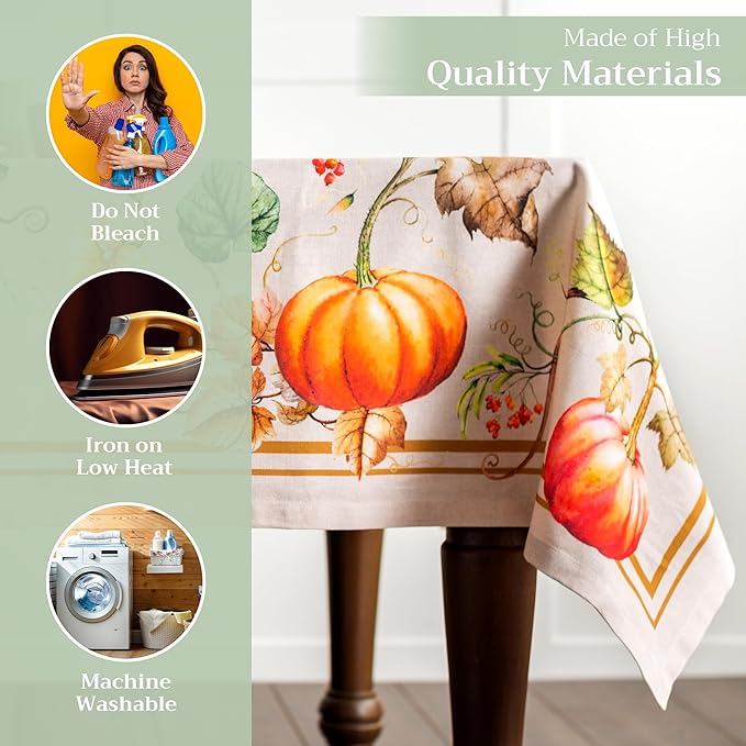 Maison d' Hermine Table Cloth Square Table 100% Cotton 60 x 60 Inches Fall Tablecloth Reusable Everyday Use for Thanksgiving Christmas Decorations Dining Farmhouse Party (Potiron)