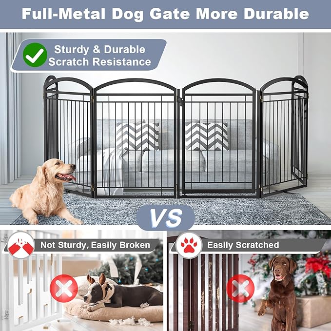Full Metal Free Standing Dog Gate with Door for Indoor Outdoor, 144'' Extra Wide 36'' Tall Dog Gate for Doorways,Large Openings,Decks,Freestanding Portable Pet Fence(6 Panels,Black)