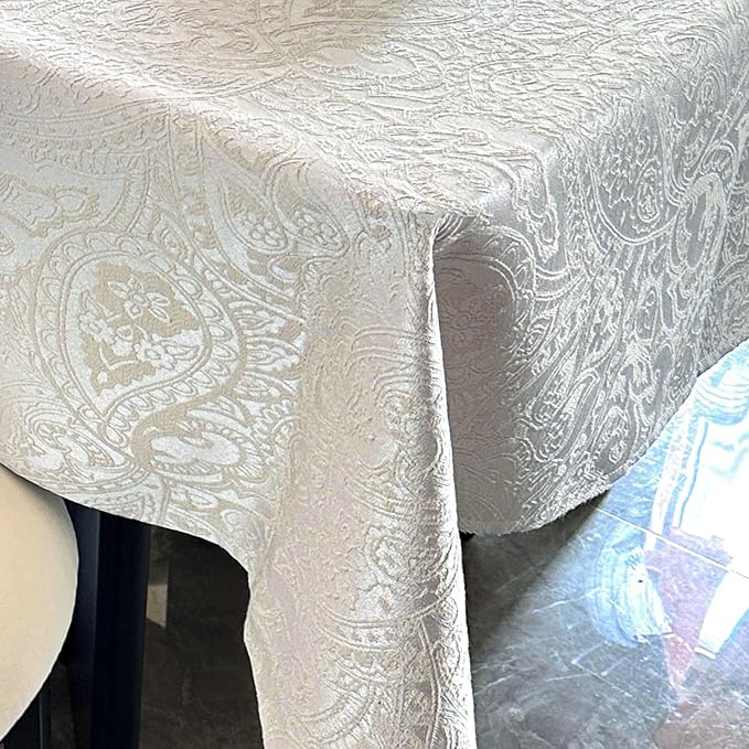 Jacquard Rectangle Tablecloth, Thick Kitchen Dining Table Cloth, Waterproof Wrinkle Free Decorative Fabric Table Cover for Outdoor and Indoor, 70x108 Inch Milky White