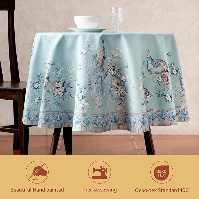 Maison d' Hermine Premium Table Cloth Round Table 100% Combed Cotton 70" Diameter Inches Tablecloth Reusable Decorative for Dining Room Home Party Festive Wedding - Peacock Utopia - Pastel Turquoise