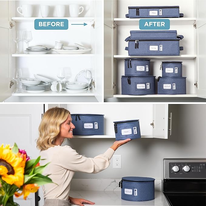 China Storage Hard Shell Containers 12-Piece Set Moving Boxes for Dinnerware, Glasses, Plates, Mugs and Saucers Sturdy Dish Organizer with Dividers for Seasonal Storage - Service for 12 - Denim Blue