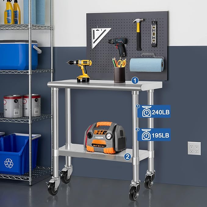 HARDURA Stainless Steel Commercial Table Prep & Work Table with Casters Heavy Duty Metal Table with Wheels NSF 430 14×30 Inches