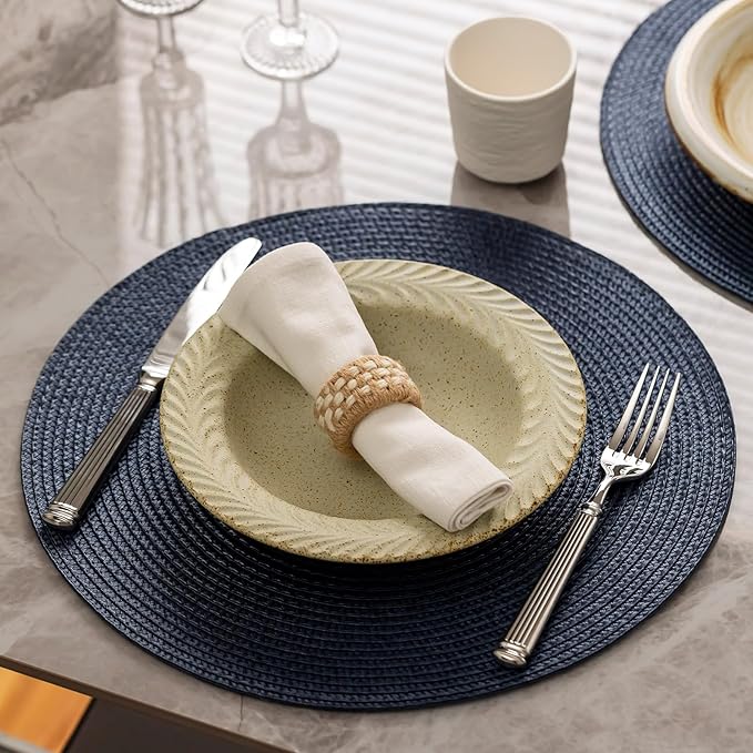 Round Placemats Set of 12 Plastic Woven Placemats Washable Wipeable Table Mats for Dining Table Heat Resistant Non-Slip Circle Place Mats (Navy Blue)