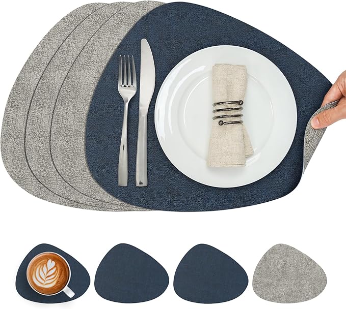 Placemats and Coasters, Washable Reversible Placemats Round Faux Leather Wipeable Place Mats Non Slip Heat Resistant Indoor Outdoor Table Mats (Set of 4, Gray Blue)