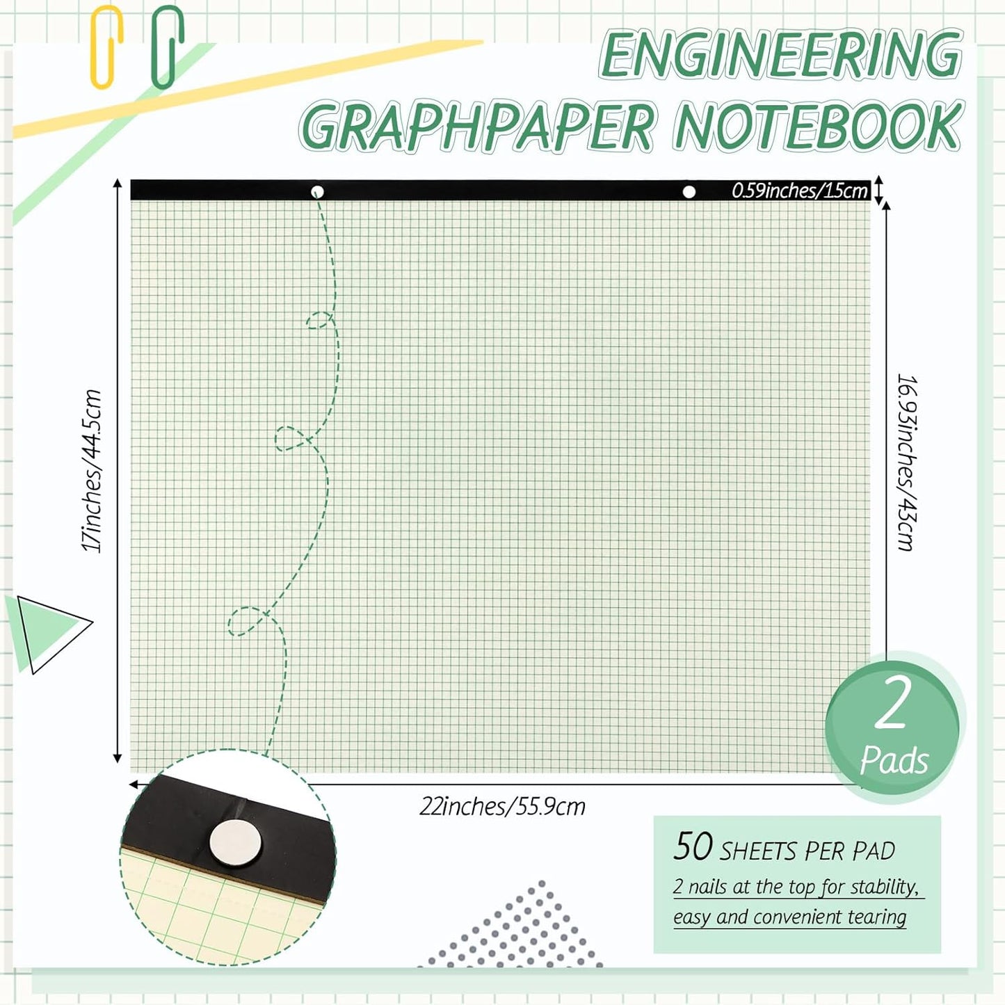 2 Pcs 22 x 17'' Large Engineering Paper Pad 4" x 4" Graph Paper Pad for Blueprint Drawings Drafting Paper Sketching Engineering Pad for Engineer Architect Designer Mathematician(Green Beige)
