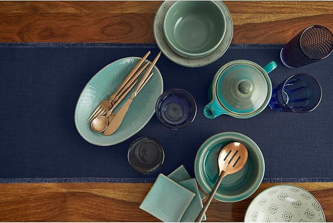 Solino Home Linen Navy Blue Table Runner 36 Inches - Fringe, 100% Pure Linen Small Table Runner 14 x 36 Inch Ideal for Dresser and Coffee Tables - Winter