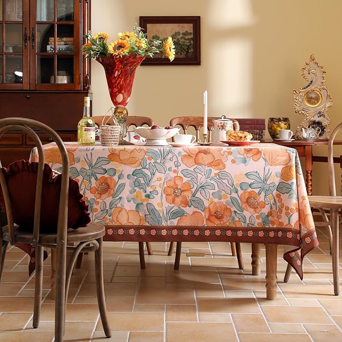 Vintage Linen Rectangle Tablecloth,Italian Orange Floral Pattern Soft and Wrinkle Resistan Table Cloth,Decor Table Cover for Kitchen,Dining,Thanksgiving,Christmas,55"*87"-Positano