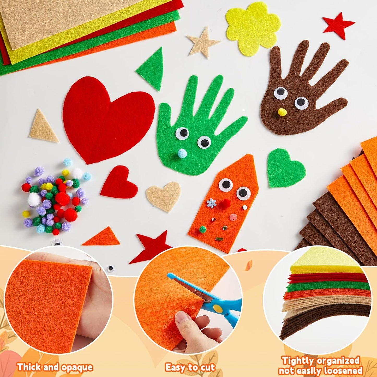 42Pcs Fall Felt Fabric Sheets 8 x 12 Inch Autumn Yellow Orange Assorted Soft Thick Felt Pack with Wiggle Google Eyes Pom Poms Glitter Patchwork for Thanksgiving DlY Sewing Creative Art Project Decor