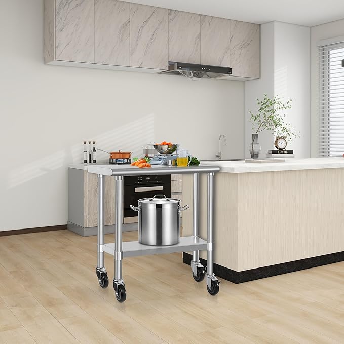 HARDURA Stainless Steel Commercial Table Prep & Work Table with Casters Heavy Duty Metal Table with Wheels NSF 430 14×30 Inches