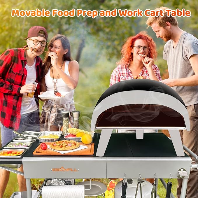 Pizza Oven Table Grill Cart with Pizza Topping Station Movable Food and Prep Workcart Outdoor Grill Table Stand for Ninja Woodfire Blackstone Griddle Cuisinart etc Grill, Barbecue Tool Set